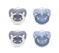 NUK First Choice Classic Night Baby Dummy | 0-6 Months | Orthodontic Soothers That Glow in The Dark | 95% Baby Acceptance** | Blue | 4 Count