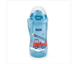 NUK First Choice+ Flexi Cup Drinking Bottle, from 12 Months, Leak-Proof with Straw, Clip and Protective Cap, BPA-Free, 300 ml, Fire Engine (Blue)