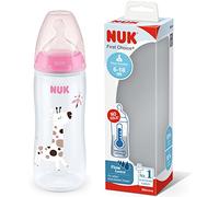 NUK First Choice+ Flow Control Bottle | 6-18 Months | Temperature Control | Silicone Nipple | Anti-Colic Valve | BPA Free | 360 ml | Pink | 1 Unit