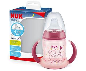 NUK First Choice+ Learner Cup Night Sippy Cup | 6-18 Months | Leak-Proof Silicone Spout | Glow in the Dark | Anti-Colic Vent | BPA-Free | 150ml | Pink