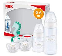 NUK First Choice+ Newborn Baby Bottle Set | 0-6 Months | 2 xTemperature Control Bottles, 2 x Soothers & Teether| Anti-Colic Vent | BPA-Free | Hearts (White) | 5 Count
