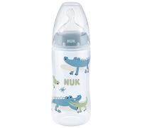 NUK First Choice+ Baby Bottle - 6-18 Months - Temperature Control - Flow Control - Anti-Colic Aeration System - 360ml - BPA Free - Silicone Teat - Crocodile (Blue)