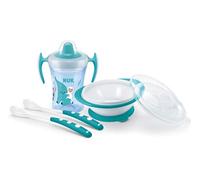 NUK Learn to Eat Set | Trainer Cup Sippy Cup (230 ml) | Feeding Bowl and Feeding Spoons | 6+ Months | BPA- | Blue | 4 Count