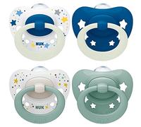 NUK Signature Day & Night Baby Dummy | 0-6 months | Soothes 95% of Babies | Heart-Shaped BPA-Free Silicone Soothers | Glow-in-the-Dark | Stars | 4 Count