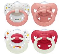 NUK Signature Day & Night Baby Dummy | 0-6 months | Soothes 95% of Babies | Heart-Shaped Silicone Soothers | Glow-in-the-Dark | Hearts | 4 Count