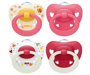 NUK Signature Day & Night Baby Dummy | 6-18 months | Soothes 95% of Babies | Heart-Shaped BPA-Free Silicone Soothers | Glow-in-the-Dark | Hearts | 4 Count