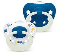 NUK Signature Night Baby Dummy | 18-36 Months | Soothes 95% of Babies | Heart-Shaped BPA-Free Silicone Soothers | Glow-in-The-Dark | Includes Case | Blue Stars | 2 Count
