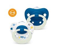 NUK Signature Night Baby Dummy | 0-6 Months | Soothes 95% of Babies | Heart-Shaped BPA-Free Silicone Soothers | Glow-in-The-Dark | Includes Case | Blue Stars | 2 Count