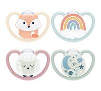 NUK Space Day & Night Baby Dummy | 0-6 Months | Glow-in-the-Dark Soothers with Extra Ventilation for Sensitive Skin | BPA-Free Silicone | Fox & Sheep | 4 Count