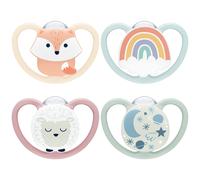 NUK Space Day & Night Baby Dummy | 0-6 Months | Glow-in-the-Dark Soothers with Extra Ventilation for Sensitive Skin | BPA-Free Silicone | Fox & Sheep