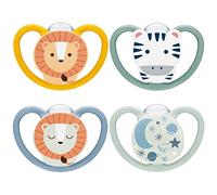 NUK Space Day & Night Baby Dummy | 18-36 Months | Glow-in-the-Dark Soothers with Extra Ventilation for Sensitive Skin | BPA-Free Silicone | Zebra & Lion | 4 Count