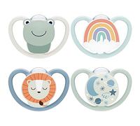 NUK Space Day & Night Baby Dummy | 0-6 Months | Glow-in-the-Dark Soothers with Extra Ventilation for Sensitive Skin | BPA-Free Silicone | Frog & Lion | 4 Count