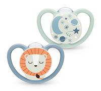 NUK Space Night Baby Dummy | 18-36 Months | Glow-in-The-Dark Soothers with Extra Ventilation for Sensitive Skin | BPA-Free Silicone | Lion & Moon | 2 Count