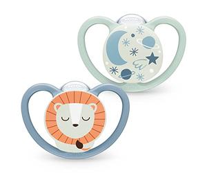 NUK Space Night Baby Dummy | 18-36 Months | Glow-in-the-Dark Soothers with Extra Ventilation for Sensitive Skin | BPA-Free Silicone | Lion & Moon | 2 Count