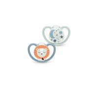 NUK Space Night Baby Dummy | 6-18 Months | Glow-in-The-Dark Soothers with Extra Ventilation for Sensitive Skin | BPA-Free Silicone | Lion & Moon | 2