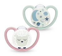 NUK Space Night Baby Dummy | 6-18 Months | Glow-in-The-Dark Soothers with Extra Ventilation for Sensitive Skin | BPA-Free Silicone | Sheep & Moon | 2 Count