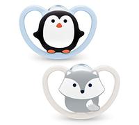 NUK Space Soothers | 0-6 Months | Extra Ventilation Dummies | BPA Silicone | Penguin & Fox | Pack of 2