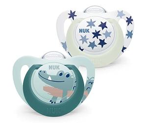 NUK Star Night & Day Dummy for Babies 6-18 Months Lollipop in The Dark Silicone BPA Free Crocodile Green Pack of 2
