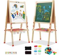 Nukdey Kids Easel Wooden Art Easel Double Sided Easel with Whiteboard Chalkboard Height Adjustable Standing Toddler Easel with Painting Accessories Education Gift for Boys Girls