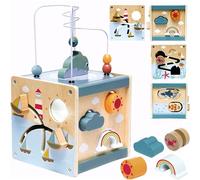 Nukdey Wooden Activity Cube Toys 6 in 1 Activity Center Montessori Toys Bead Maze Shape Sorter with Mirror Sliding Building Blocks Puzzle Gift for 1 2 3 Years Old Baby Kids Toddlers Boys Girls