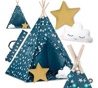 NUKIDO Baby Tent Teepee Cotton Wooden Frame Charming Design Development Promotes Easy to Clean 120 x 120 x 165 cm Lights Blue