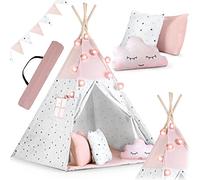 NUKIDO Montessori Style Children's Teepee Cotton and Wooden Frame with Insulating Mat 3 Cushions Garland Airy Pink