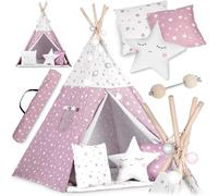 NUKIDO Montessori Style Children's Teepee Cotton and Wooden Frame with Insulation Mat 3 Cushions Garland Airy 120 x 120 x 165 cm Pink with Stars
