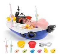 NUKied Fishing Game Set Pirate Ship Toy with Fishing Game Fishing-Ship with Spray 8 Fishes 2 FishingPoles with Music,Light,Rotating Disc Learning Educational for Kids Boys Girls 3+