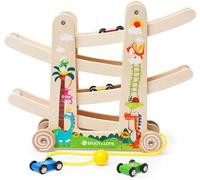 Nukied Wooden Car Ramp Toys Race Track Toys with 4 Mini Cars and Wheels Zig Zag Car Slide Click Clark Pull Along Racing Track Speed Ramps Toddler Toys Gifts for 1 2 3+ Year Old Boys Girls Dinosaur