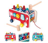 NUKied Wooden Hammer Toys Multifunctional Pounding Bench Tap Bench Hit Mole Hamster Game Early Educational Montessori Toys Wooden Toy Gift for Kids Toddlers Boys Girls