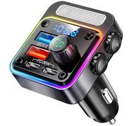 NULAXY 54W Bluetooth 5.3 Car Adapter with 4 Charging Ports [PD 36W & QC3.0 18W], Wireless Radio FM Transmitter, Bluetooth Transmitter, Deep Bass Player, 5 Colors LED Backlit, Hands-Free Calls, Black