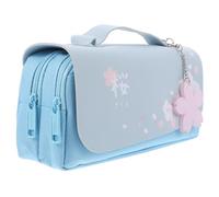 NULYLU 1pc Sakura Double-Zip Pencil Case Large Capacity Student Pouch with Detachable Ornament and Flip Cover Girlish Style Blue