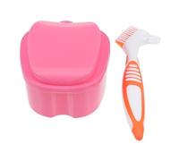 NULYLU 1set Portable Denture Storage Box Set Soft Bristle Cleaning Brush for Dentures Retainers and Sports Mouth Guards Food-Grade Material Compact Design Pink Box Orange Brush