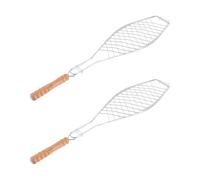 NULYLU 2 Pcs Non-stick Fish Barbecue Basket with Wooden Handle, Iron Grill Net Clips for Outdoor Bbq, Camping and Picnic Cooking Tool, Reduces Sticking and Falling through Grates