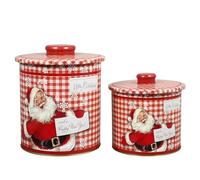 NULYLU 2pcs Tinplate Christmas Candy Storage Boxes with Handle, Good Sealing and Odor-free Party Favor Holders for Xmas and Household Use, round Red Festive Containers
