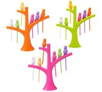 NULYLU 3 Sets Reusable Bird-shaped with Tree Branch Stand, Dessert Forks for Cake Decoration and Appetizer Presentation, Colorful Orange, Pink, and Green Party Flatware