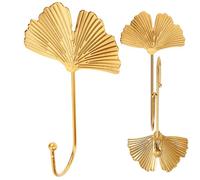 NULYLU 3pcs Gold Leaf Shaped Iron Wall Hooks for Hanging Coats Towels Keys, Decorative Adhesive Stick-on Hooks for Living Room Bedroom Kitchen Door, Small Ginkgo Leaf Design