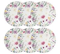 NULYLU 6 Pcs Floral Linen Placemats Set round Table, Flower Print Cotton Blend Dining Table Mats with Pot Holders, Farmhouse Style Coasters for Kitchen and Dining Use