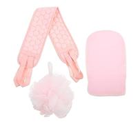 NULYLU Bath Gloves and Back Rub Towel Set 3 Pieces Pink Exfoliating Shower Mitts with Back-pulling Strap for Women and Men Bathing and Shower Use