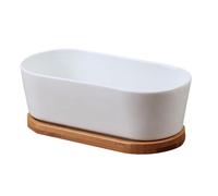 NULYLU Plant Pots Safe Synthetic Material 2pcs White Ceramic Rectangular with Bamboo Saucer and Draining Hole for Indoor Plants, for Bookshelves Or Hosting Room Decor