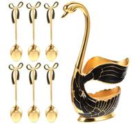 NULYLU Swan Dessert Spoon Set with Black Gold Medium Coffee Spoons and Decorative Holder with Storage Rack for Coffee Fruit and Ice Cream Serving 6pcs