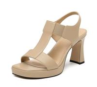 NUMALEO Women's Chunky Block Heels Sandals - Platform High Heel Strappy Summer Sandals with Ankle Strap, Square Open Toe Dressy Comfortable Shoes for Women, Nude Pu, 3 UK
