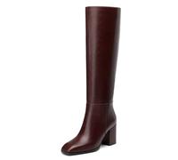 NUMALEO Women's Knee High Boots Chunky Heel Square Toe Tall Boots - 3 Inch Heeled Fashion Long Boots for Women, GoGo Boots With Side Zipper, Burgundy, 4.5 UK