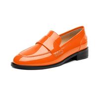NUMALEO Women's Loafers Penny Loafers & Slip-ons Flats Closed Round Toe Low Heel Shoes 1 Inch Patent Fashion Casual Shoes Comfortable Work Office Flats Dressy Shoes, Orange, 5.5 UK