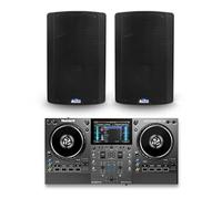 Numark Mixstream Pro Go DJ Controller and ALTO TX415 Powered PA Speakers Pair for Live Music, DJ sets, Events, Music production