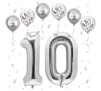 Number 10 balloons Silver,10 Balloons Birthday Boy Girl,40Inch Foil Number 1 & 0 Balloons with 6 Silver Metal and Confetti Helium Balloons for 10th Year Old Birthday Decorations