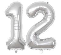 Number 12 Balloons Silver, 40 Inch Silver Helium Foil Number 12 Balloons, Large Number Balloon Age Balloon Self Inflating for Boys Girls 12th Birthday Wedding Anniversary Party Decorations(Digital 12)