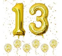 Number 13 Balloons Gold, 40Inch Large Foil Number 1 & 3 Balloons with 6 Gold Confetti Helium Balloons, 1st 13th 31st Birthday Balloon for Girls Boys Party Romantic Occasions Anniversary Decorations