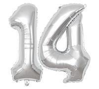 Number 14 Balloons Silver, 40 Inch Silver Helium Foil Number 14 Balloons, Large Number Balloon Age Balloon Self Inflating for Boys Girls 14th Birthday Wedding Anniversary Party Decorations(Digital 14)