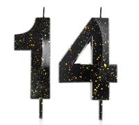 Number 14 Candles 14th Birthday Candles 3D Black Gold Happy Birthday Candle Premium Wax & 3D Diamond Design Cake Topper Decorations for Party Wedding Anniversary Celebration Supplie